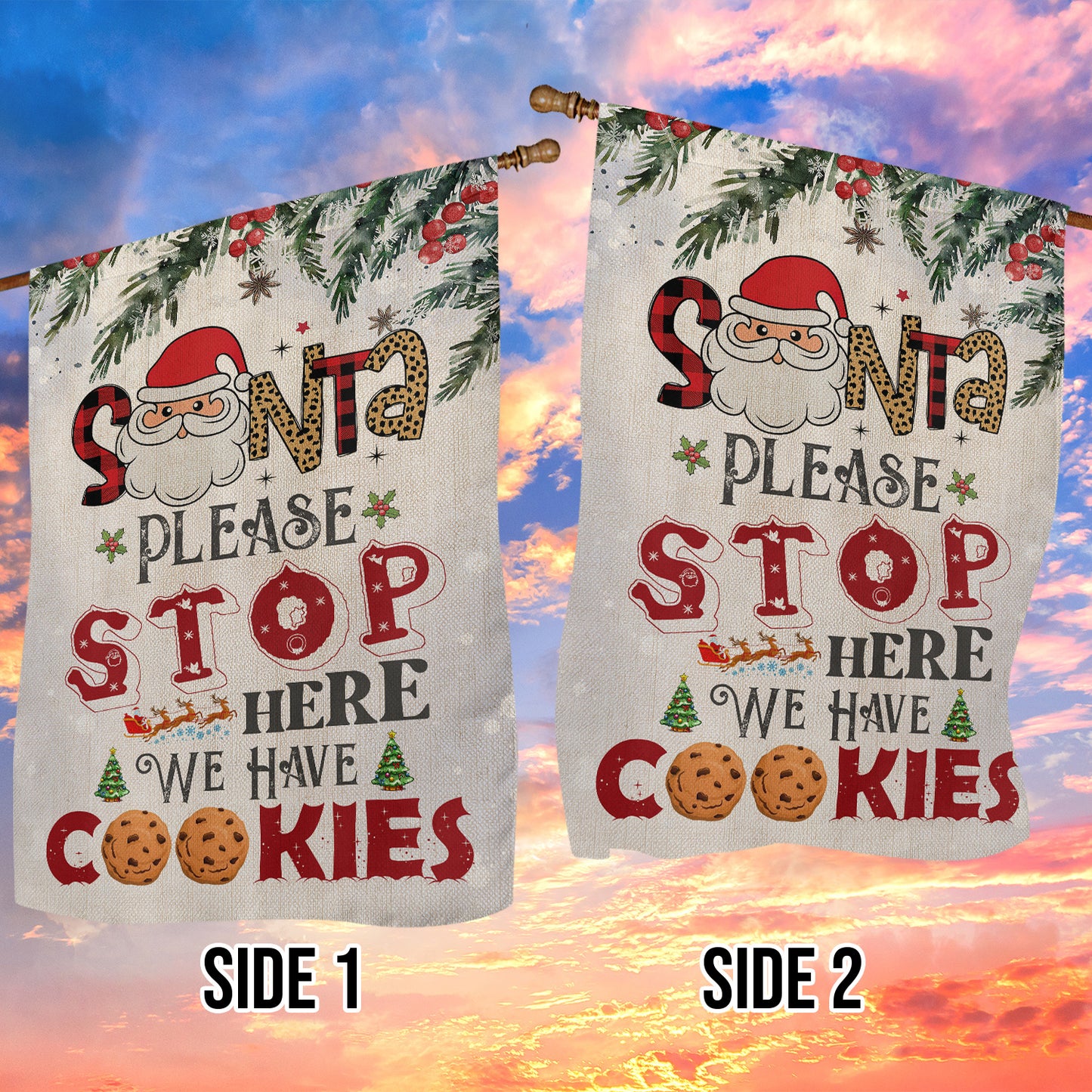 Funny Christmas Garden & House Flag, Santa Please Stop Here Yard Flag, Xmas Gift