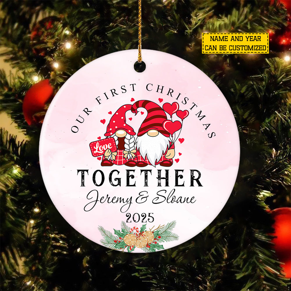 Personalized Christmas Couple Gnomes Ornament, Our First Christmas Together Xmas Circle Ceramic Ornament Gift For Couple