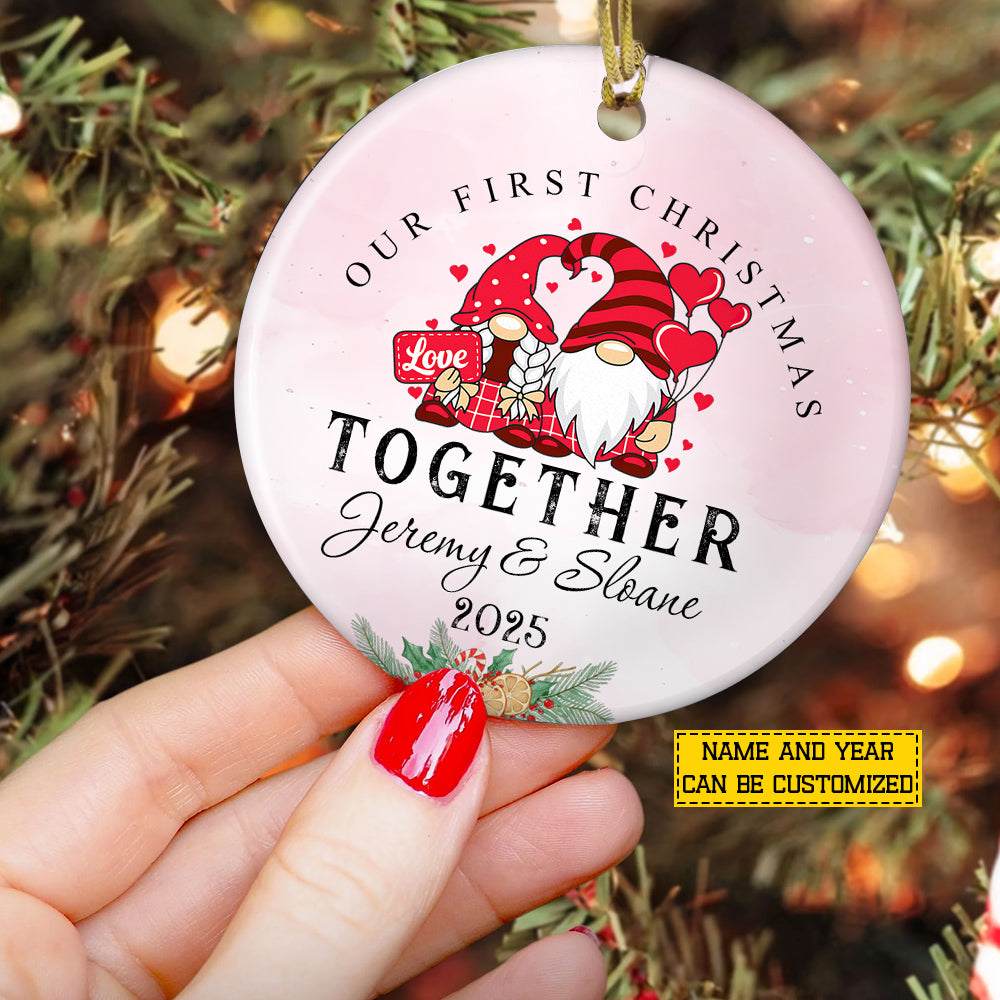 Personalized Christmas Couple Gnomes Ornament, Our First Christmas Together Xmas Circle Ceramic Ornament Gift For Couple