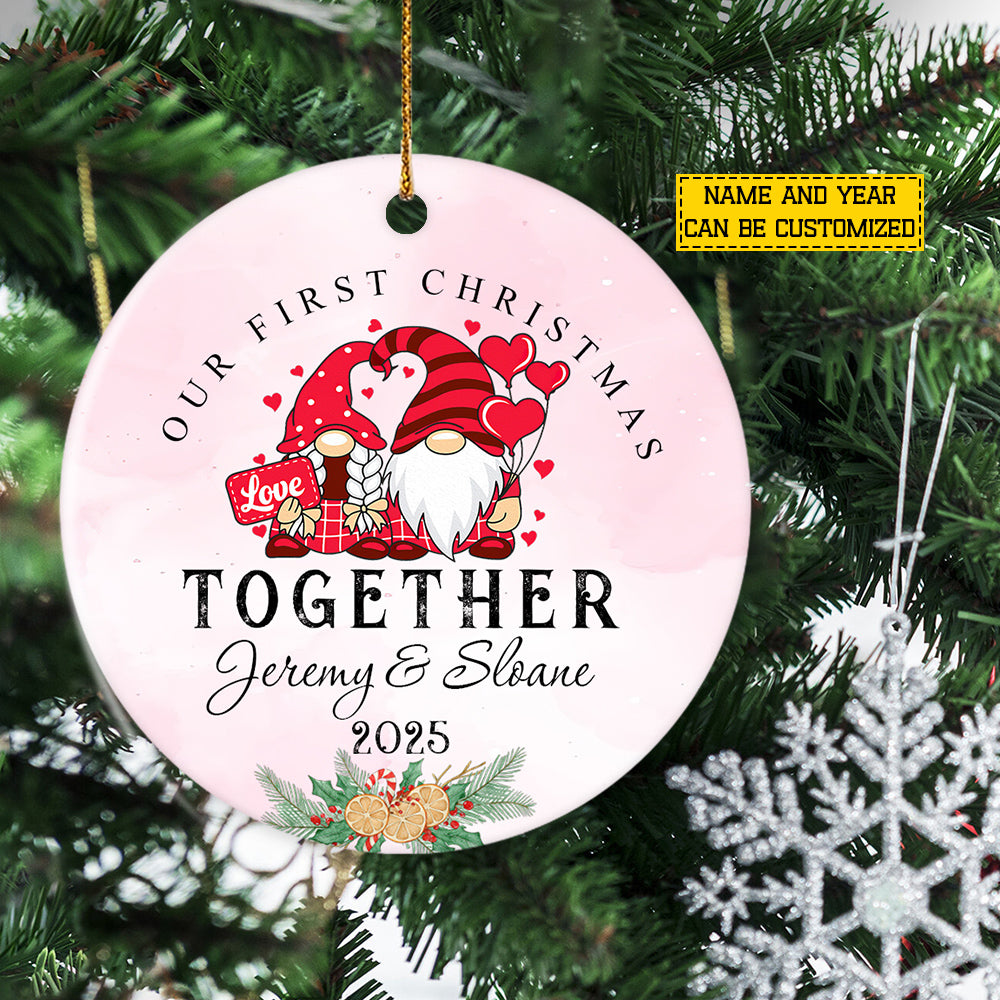 Personalized Christmas Couple Gnomes Ornament, Our First Christmas Together Xmas Circle Ceramic Ornament Gift For Couple