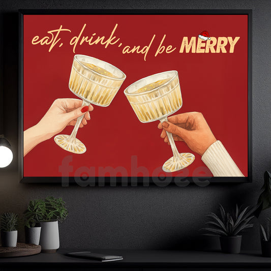 Vintage Christmas Canvas Painting, Eat Drink And Be Merry Wall Art Decor Xmas Poster Gift