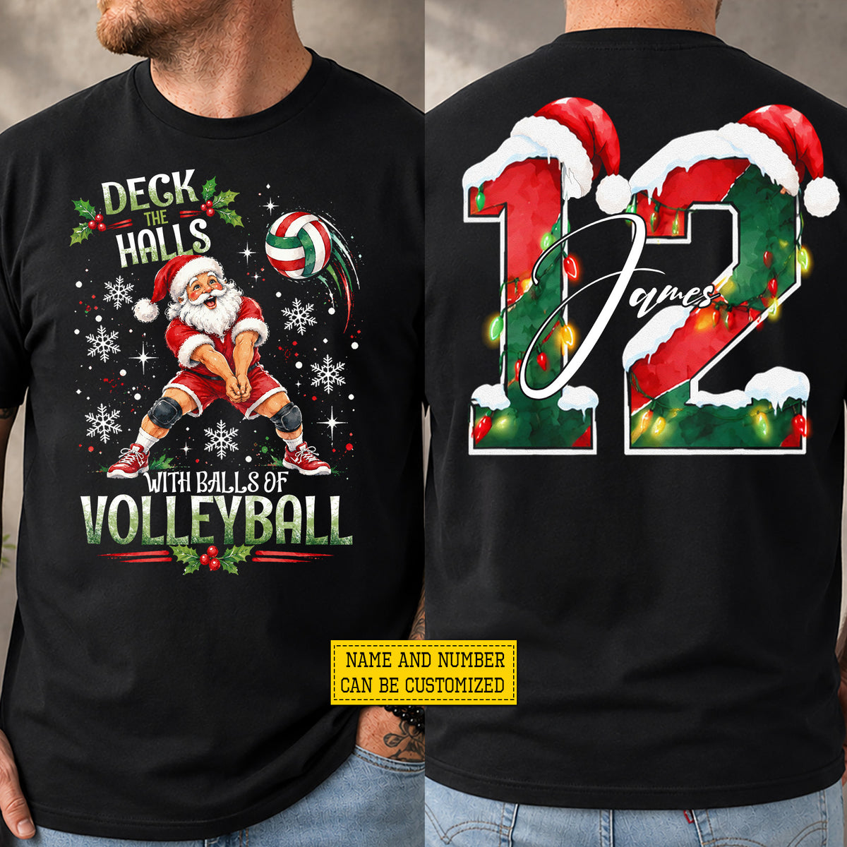 Personalized Christmas Volleyball Two-sided T-shirt, Deck The Halls With Balls Of Volleyball Sport Tees, Xmas Gift For Volleyball Lover