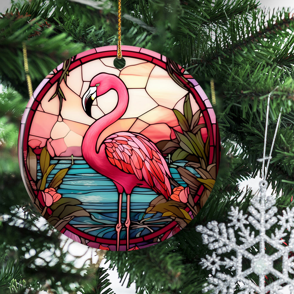 Elegant Stained Glass Flamingo, Flamingo Circle Ceramic Ornament Christmas Gift For Flamingo Lovers