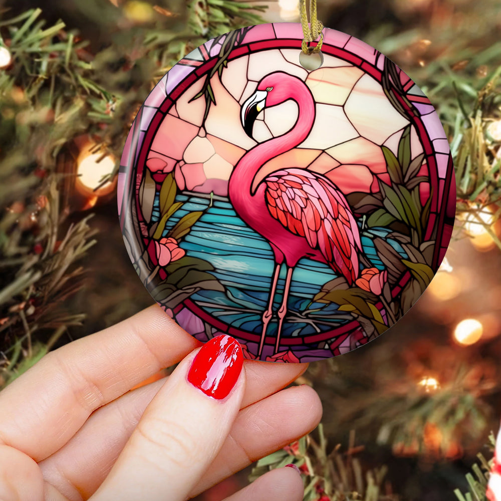 Elegant Stained Glass Flamingo, Flamingo Circle Ceramic Ornament Christmas Gift For Flamingo Lovers