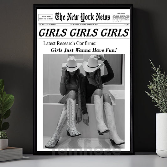 The New York News Cowgirl Canvas Painting, Girls Just Wanna Have Fun Wall Art Decor, Poster Gift For Cowgirl