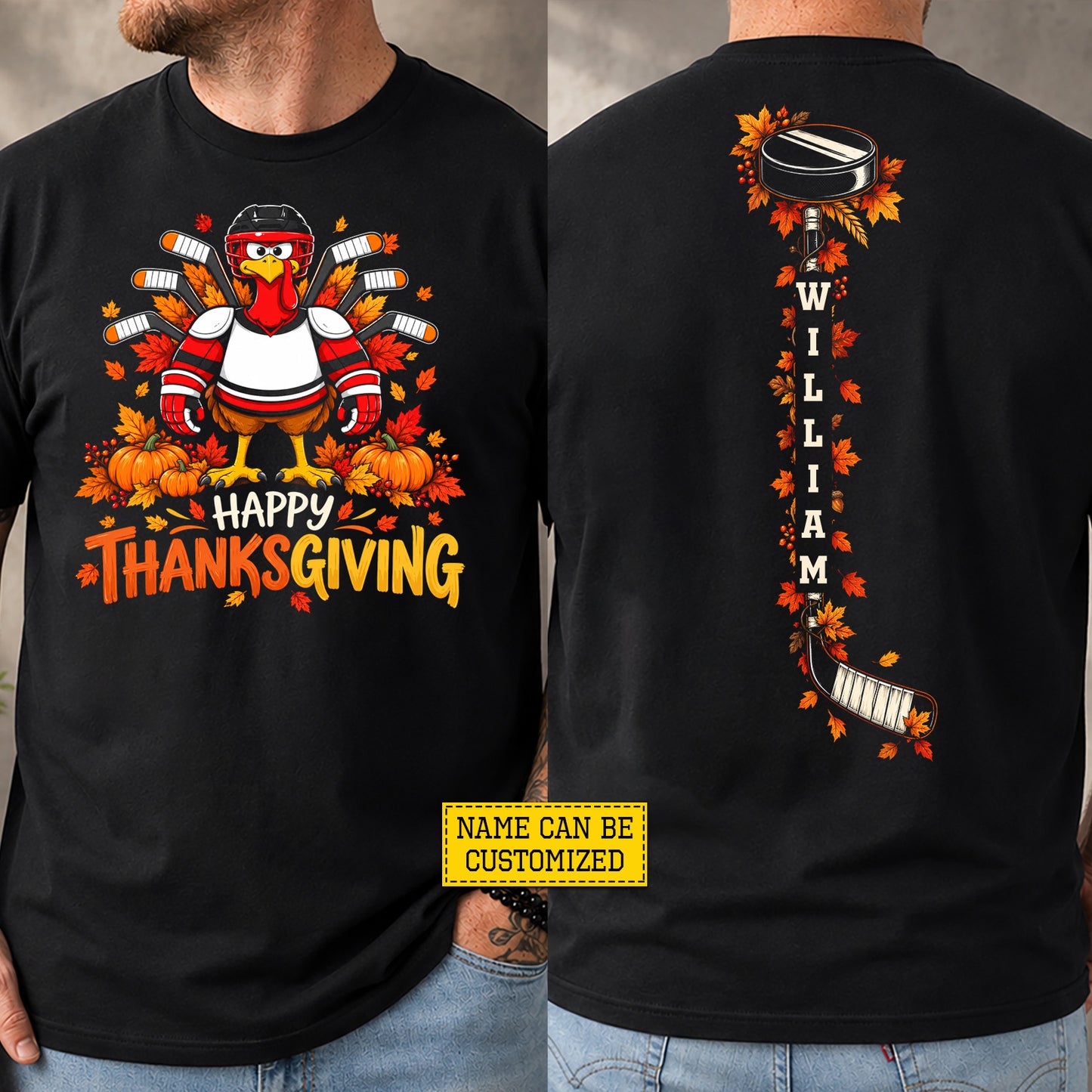 Personalized Thanksgiving Hockey Turkey Two-sided T-shirt, Happy Thanksgiving Tees Thankful Gift For Hockey Lover