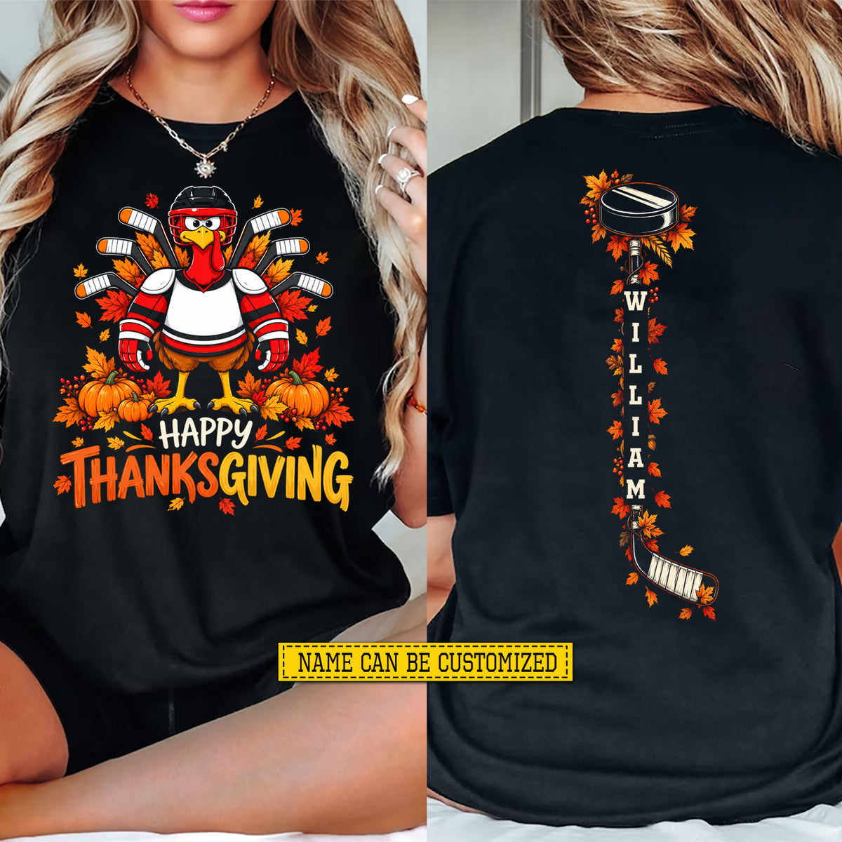 Personalized Thanksgiving Hockey Turkey Two-sided T-shirt, Happy Thanksgiving Tees Thankful Gift For Hockey Lover