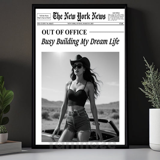 The New York News Cowgirl Canvas Painting, Busy Building My Dream Life Wall Art Decor, Poster Gift For Cowgirl