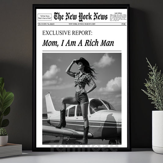 Funny The New York News Cowgirl Canvas Painting, Mom I Am A Rich Man Wall Art Decor, Poster Gift For Cowgirl