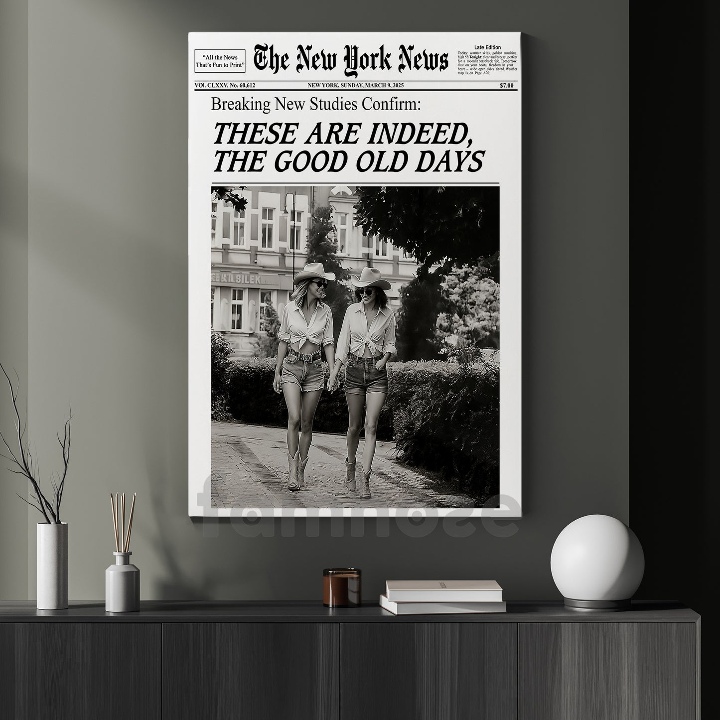 The New York News Cowgirl Canvas Painting, These Are Indeed The Good Old Days Wall Art Decor, Poster Gift For Cowgirl