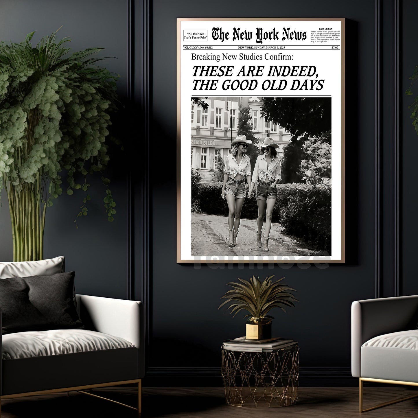 The New York News Cowgirl Canvas Painting, These Are Indeed The Good Old Days Wall Art Decor, Poster Gift For Cowgirl