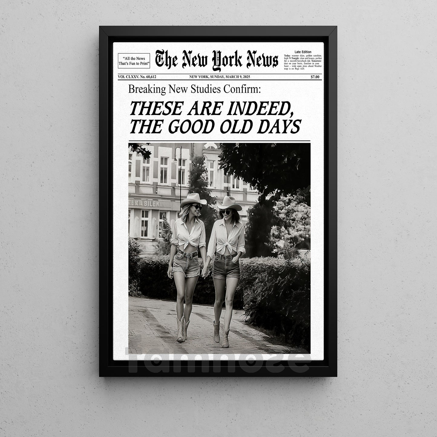 The New York News Cowgirl Canvas Painting, These Are Indeed The Good Old Days Wall Art Decor, Poster Gift For Cowgirl