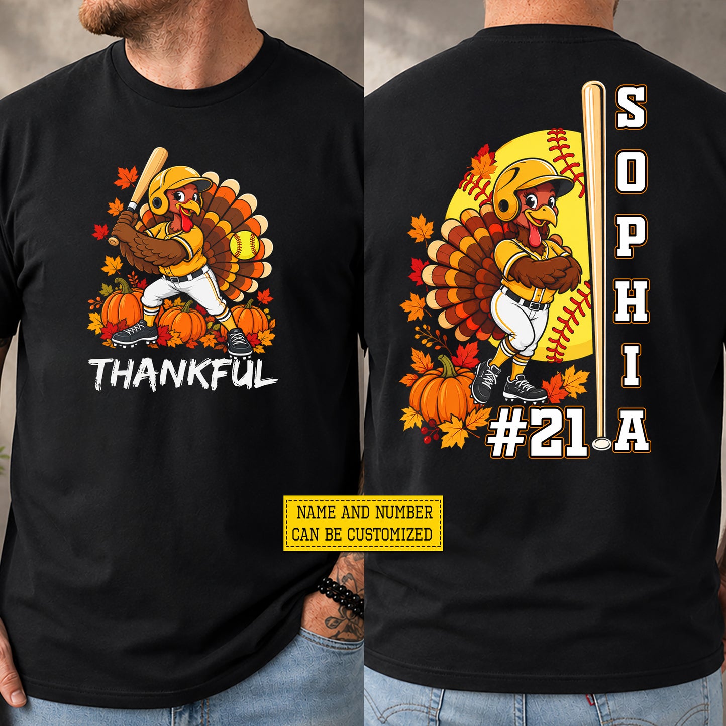 Personalized Thanksgiving Softball Turkey Two-sided T-shirt, Thankful Tees Gift For Softball Lover