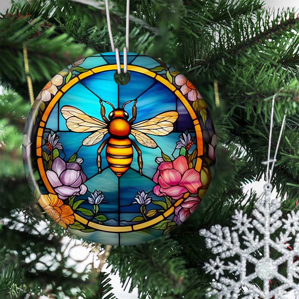 Vibrant Stained Glass Bee amidst Blossoms, Bee Circle Ceramic Ornament Christmas Gift For Bee Lovers