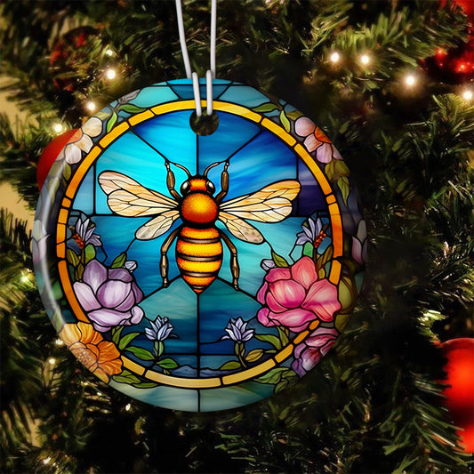 Vibrant Stained Glass Bee amidst Blossoms, Bee Circle Ceramic Ornament Christmas Gift For Bee Lovers