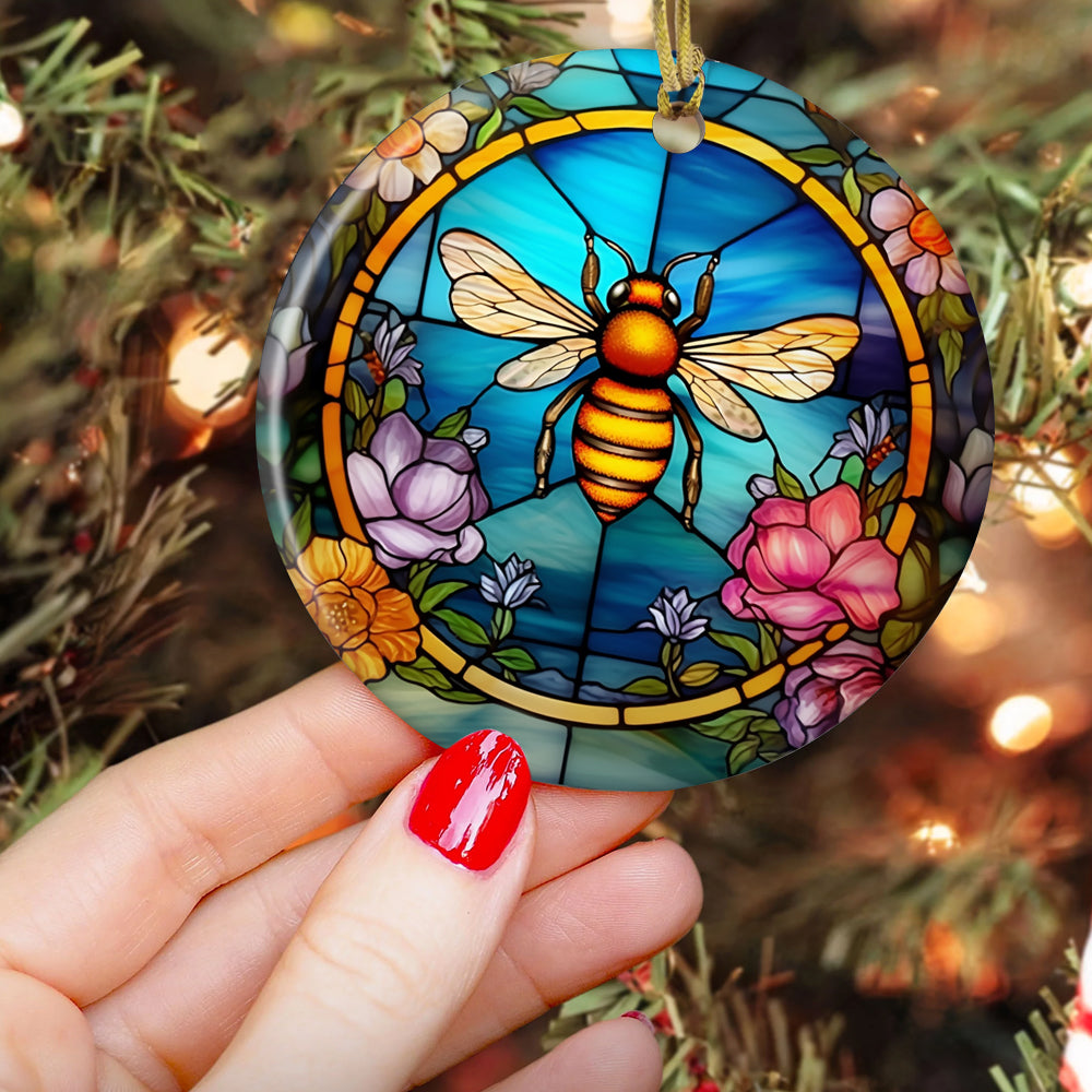 Vibrant Stained Glass Bee amidst Blossoms, Bee Circle Ceramic Ornament Christmas Gift For Bee Lovers