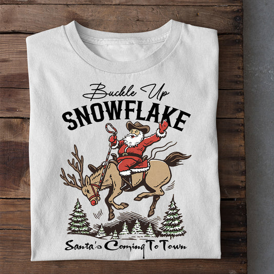 Christmas Cowboy Rodeo T-shirt, Buckle Up Snowflake Tees Xmas Gift For Cowboys