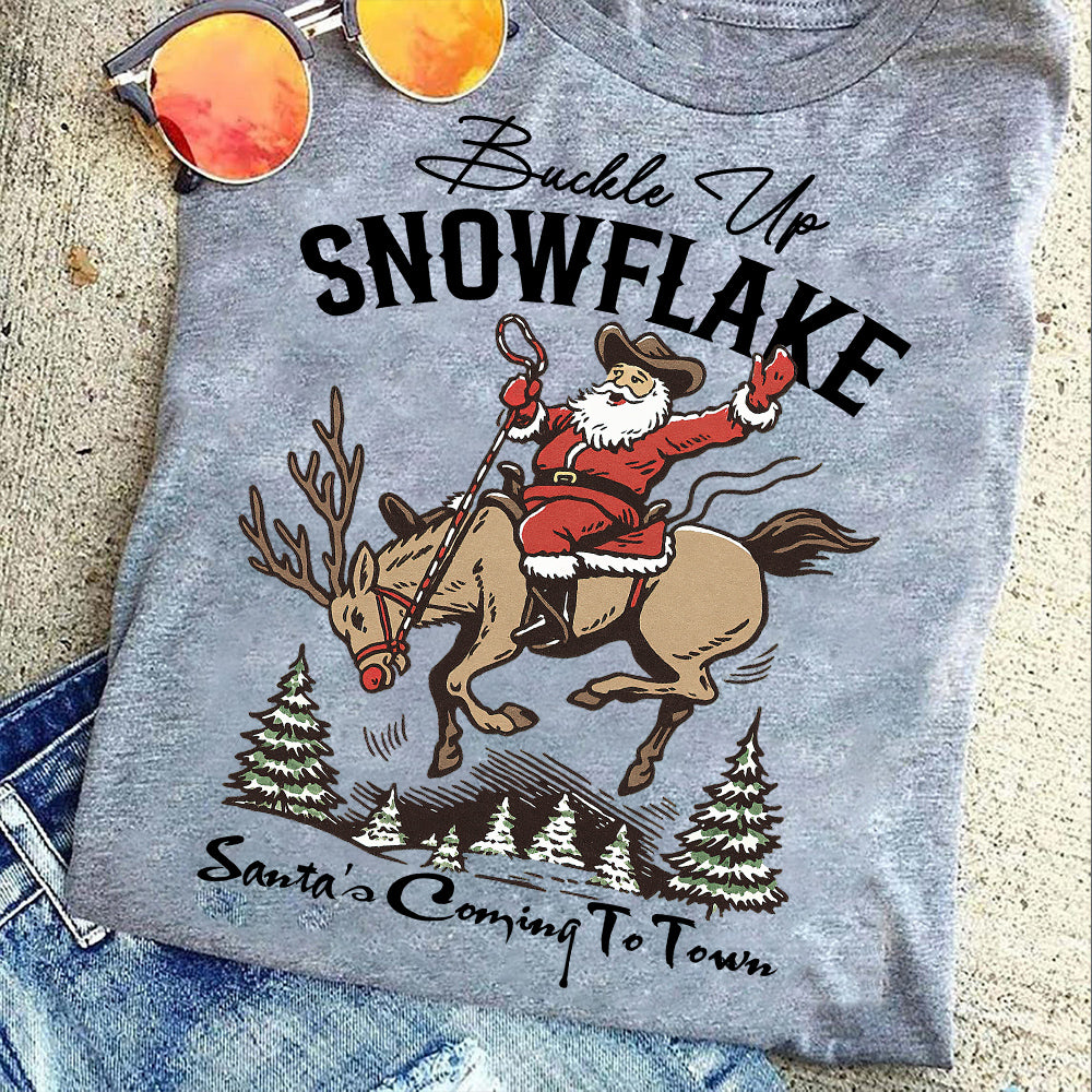 Christmas Cowboy Rodeo T-shirt, Buckle Up Snowflake Tees Xmas Gift For Cowboys
