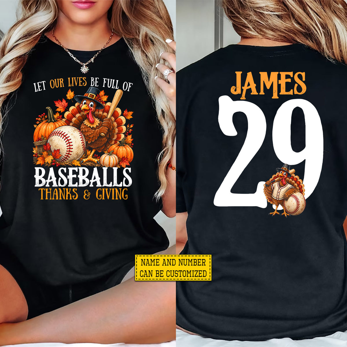 Personalized Thanksgiving Baseball Turkey Two-sided T-shirt, Let Our Lives Be Full Of Baseball Tees Fall Season Gift For Baseball Lover