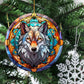 Majestic Stained Glass Wolf, Wolf Circle Ceramic Ornament Christmas Gift For Wolf Lovers