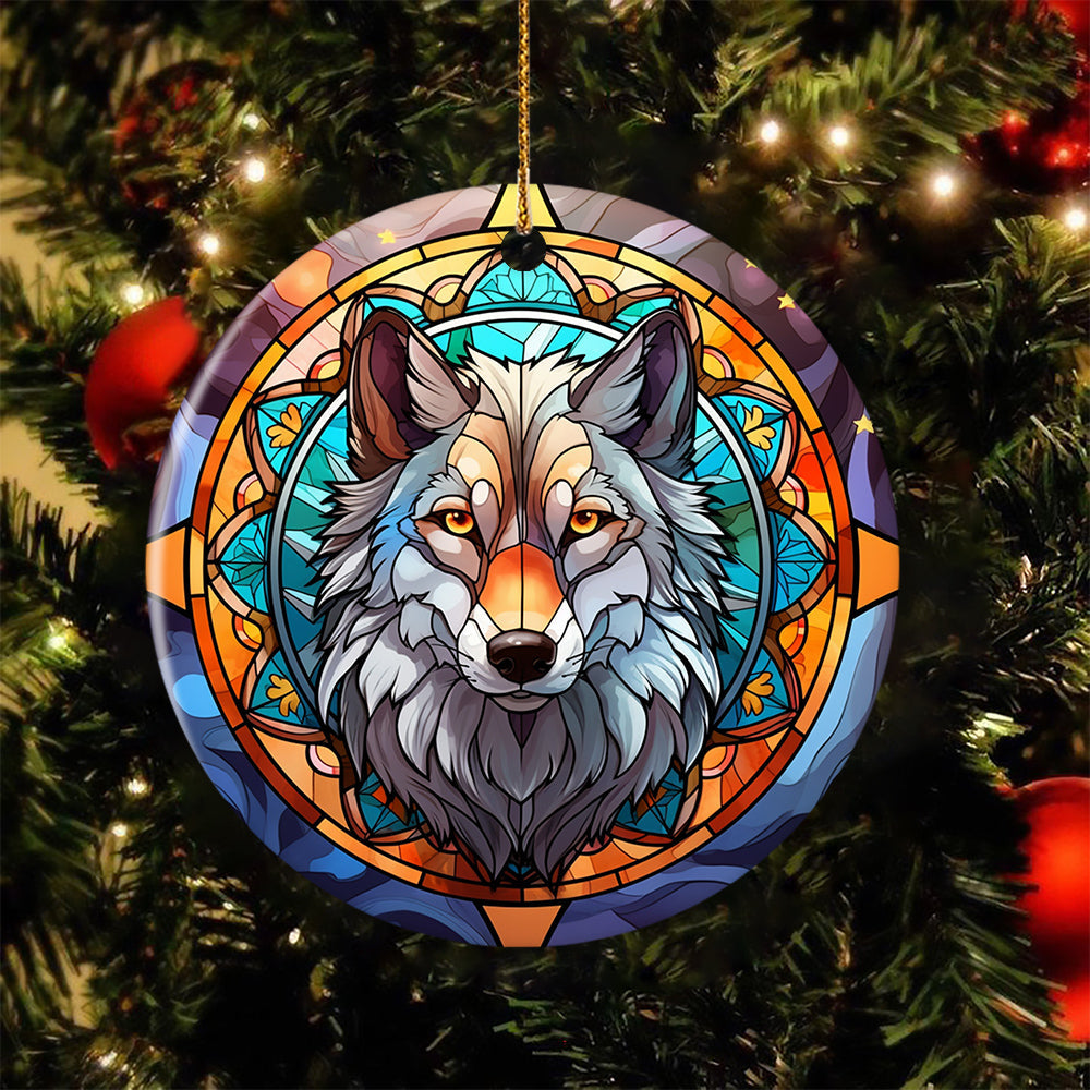 Majestic Stained Glass Wolf, Wolf Circle Ceramic Ornament Christmas Gift For Wolf Lovers