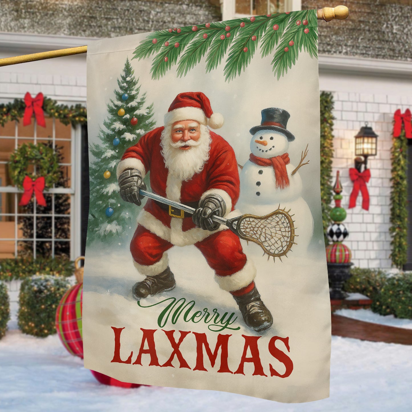 Funny Christmas Lacrosse Garden & House Flag, Merry Laxmas Sport Yard Flag, Xmas Gift For Lacrosse Lovers