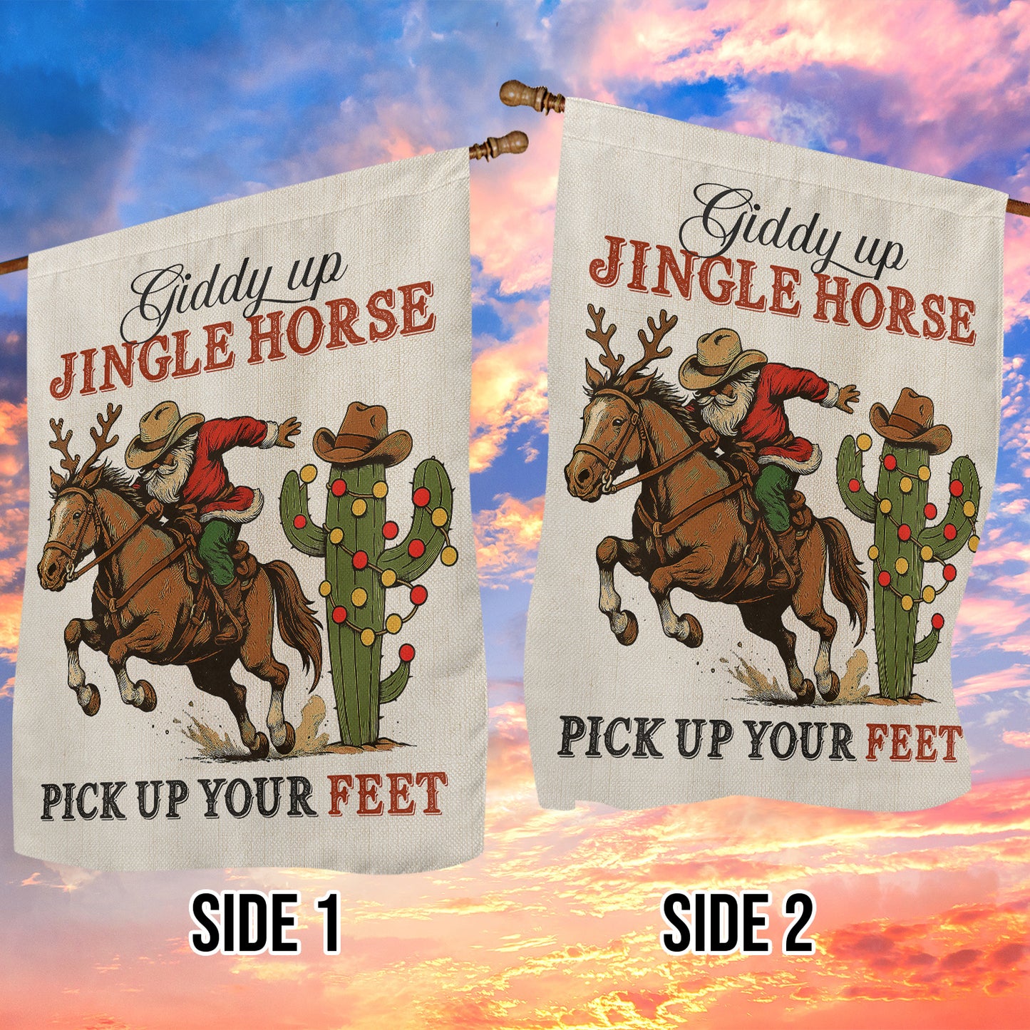 Funny Christmas Cowboy Rodeo Garden & House Flag, Giddy Up Jingle Horse Yard Flag, Xmas Gift For Cowboys