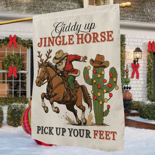Funny Christmas Cowboy Rodeo Garden & House Flag, Giddy Up Jingle Horse Yard Flag, Xmas Gift For Cowboys