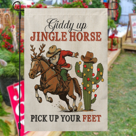 Funny Christmas Cowboy Rodeo Garden & House Flag, Giddy Up Jingle Horse Yard Flag, Xmas Gift For Cowboys