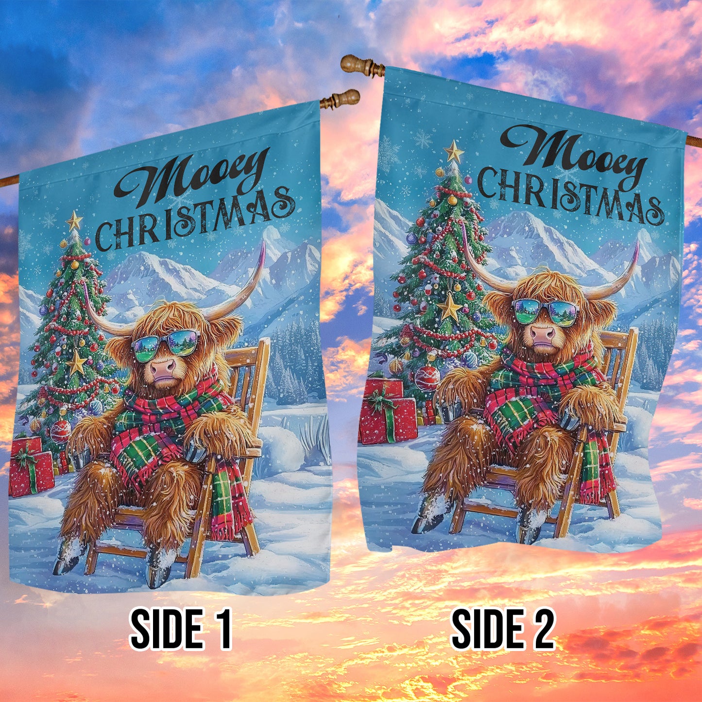 Christmas Highland Cow Garden & House Flag, Mooey Christmas Yard Flag, Xmas Gift For Highland Cow Lovers