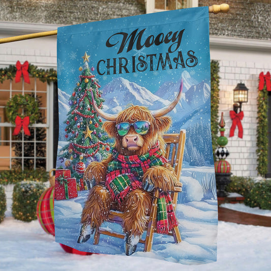 Christmas Highland Cow Garden & House Flag, Mooey Christmas Yard Flag, Xmas Gift For Highland Cow Lovers