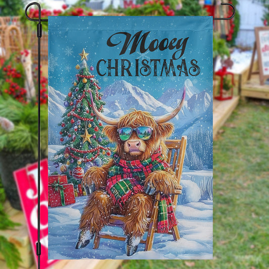 Christmas Highland Cow Garden & House Flag, Mooey Christmas Yard Flag, Xmas Gift For Highland Cow Lovers