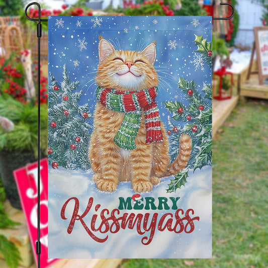 Funny Christmas Cat Garden & House Flag, Mery Kissmyass Yard Flag, Xmas Gift For Cat Lovers