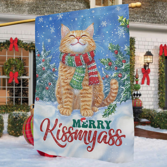 Funny Christmas Cat Garden & House Flag, Mery Kissmyass Yard Flag, Xmas Gift For Cat Lovers