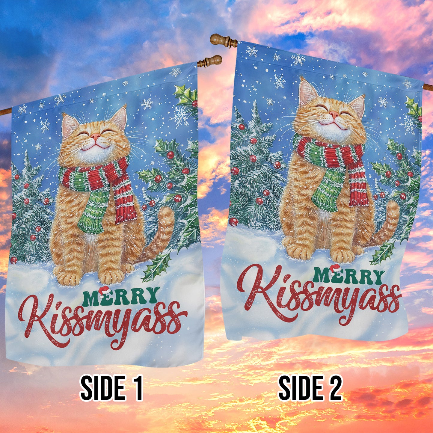 Funny Christmas Cat Garden & House Flag, Mery Kissmyass Yard Flag, Xmas Gift For Cat Lovers