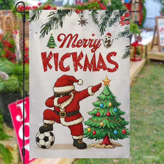 Funny Christmas Soccer Garden & House Flag, Merry Kickmas Sport Yard Flag, Xmas Gift For Soccer Lovers
