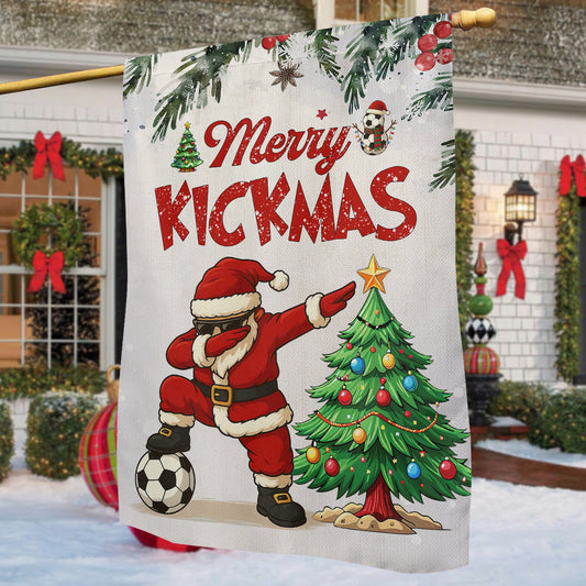 Funny Christmas Soccer Garden & House Flag, Merry Kickmas Sport Yard Flag, Xmas Gift For Soccer Lovers