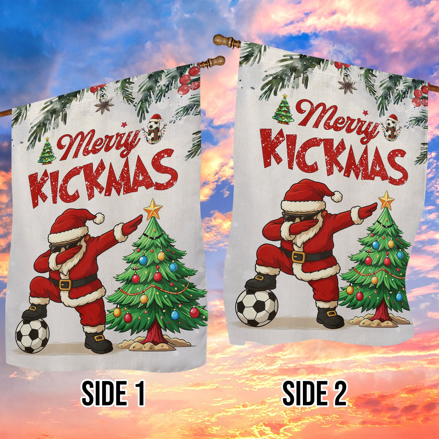 Funny Christmas Soccer Garden & House Flag, Merry Kickmas Sport Yard Flag, Xmas Gift For Soccer Lovers