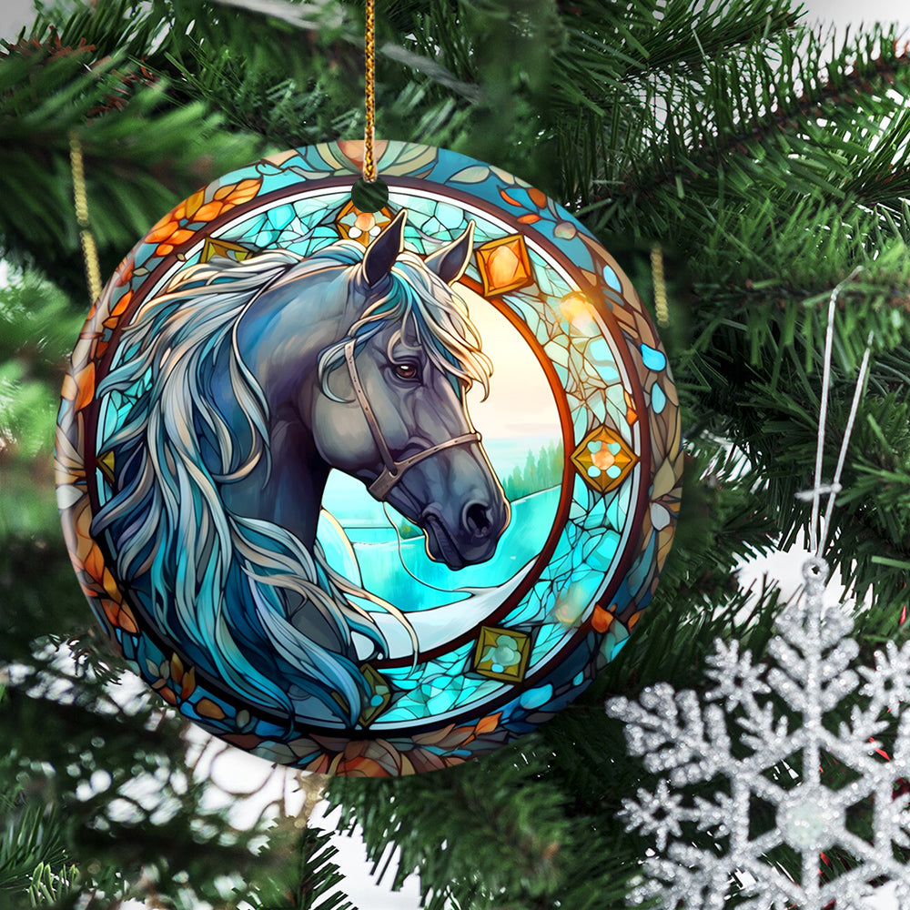 Ethereal Stained Horse, Horse Circle Ceramic Ornament Christmas Gift For Horse Lovers