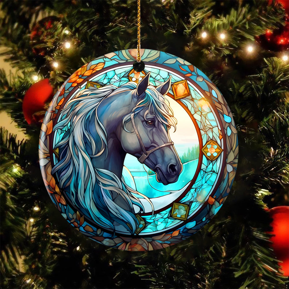 Ethereal Stained Horse, Horse Circle Ceramic Ornament Christmas Gift For Horse Lovers