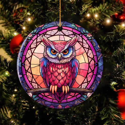 Mystical Twilight Owl Perch, Owl Circle Ceramic Ornament Christmas Gift For Owl Lovers