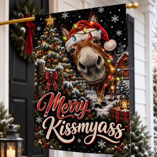 Funny Christmas Donkey Garden & House Flag, Merry Kiss My Ass Yard Flag, Vintage Xmas Gift For Donkey Lover