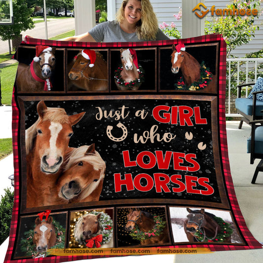 Christmas Horse Blanket, Just A Girl Who Loves Horse Circle Flower Fleece Blanket - Sherpa Blanket Gift For Horse Lover