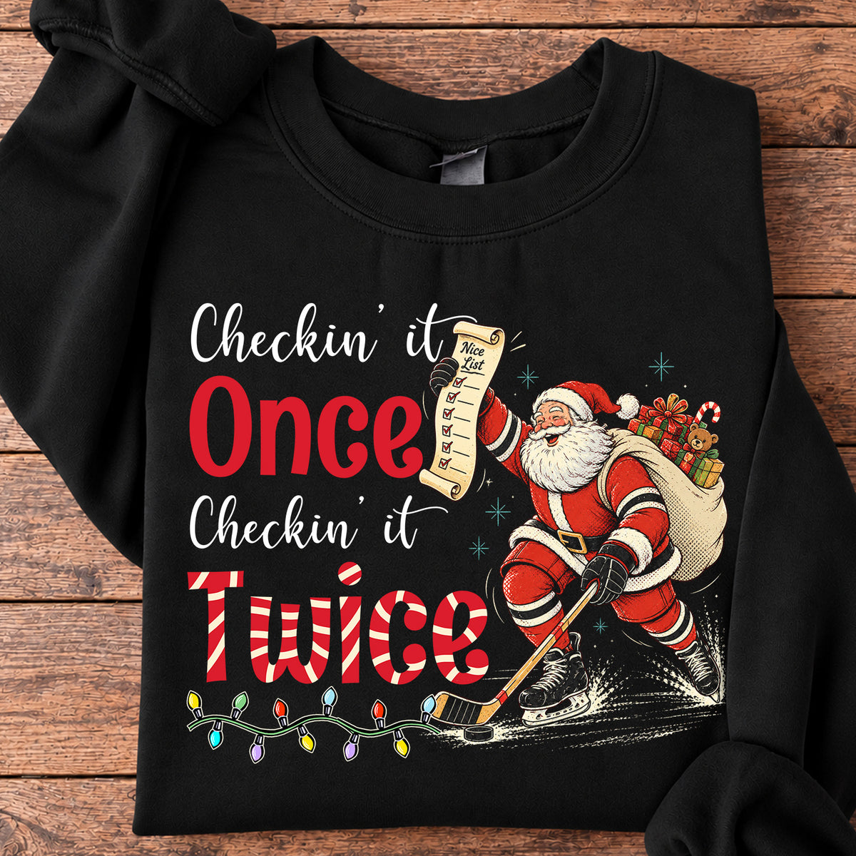 Christmas Hockey Santa Sweatshirt, Checkin' It Once Checkin' It Twice Sport Crewneck Sweatshirt Xmas Gift For Hockey Lover