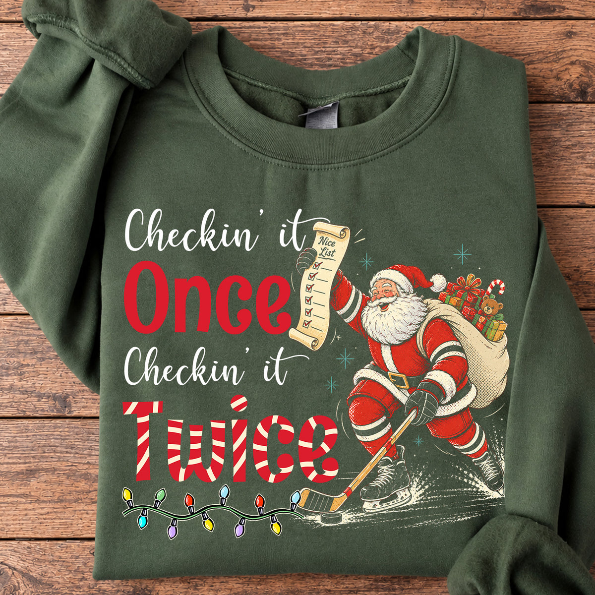 Christmas Hockey Santa Sweatshirt, Checkin' It Once Checkin' It Twice Sport Crewneck Sweatshirt Xmas Gift For Hockey Lover