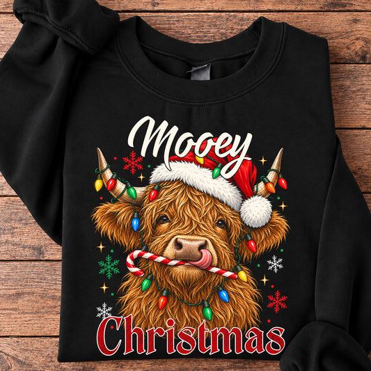Christmas Highland Cow Sweatshirt, Mooey Faming Crewneck Sweatshirt Xmas Gift For Cow Lovers