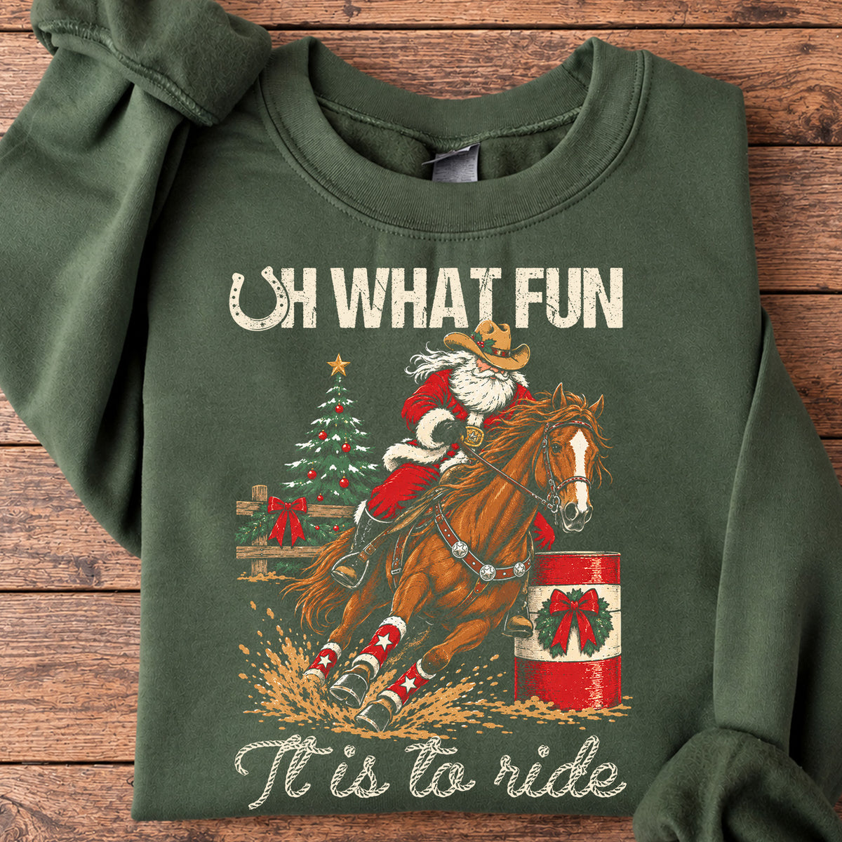 Christmas Cowboy Barrel Racing Sweatshirt, Oh What Fun It Is To Ride Crewneck Sweatshirt Xmas Gift For Barrel Racing Lover