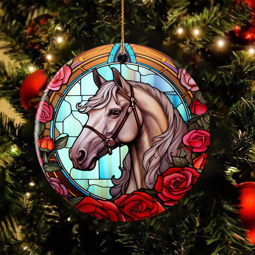 Majestic Horse Amidst Roses, Horse Circle Ceramic Ornament Christmas Gift For Horse Lovers