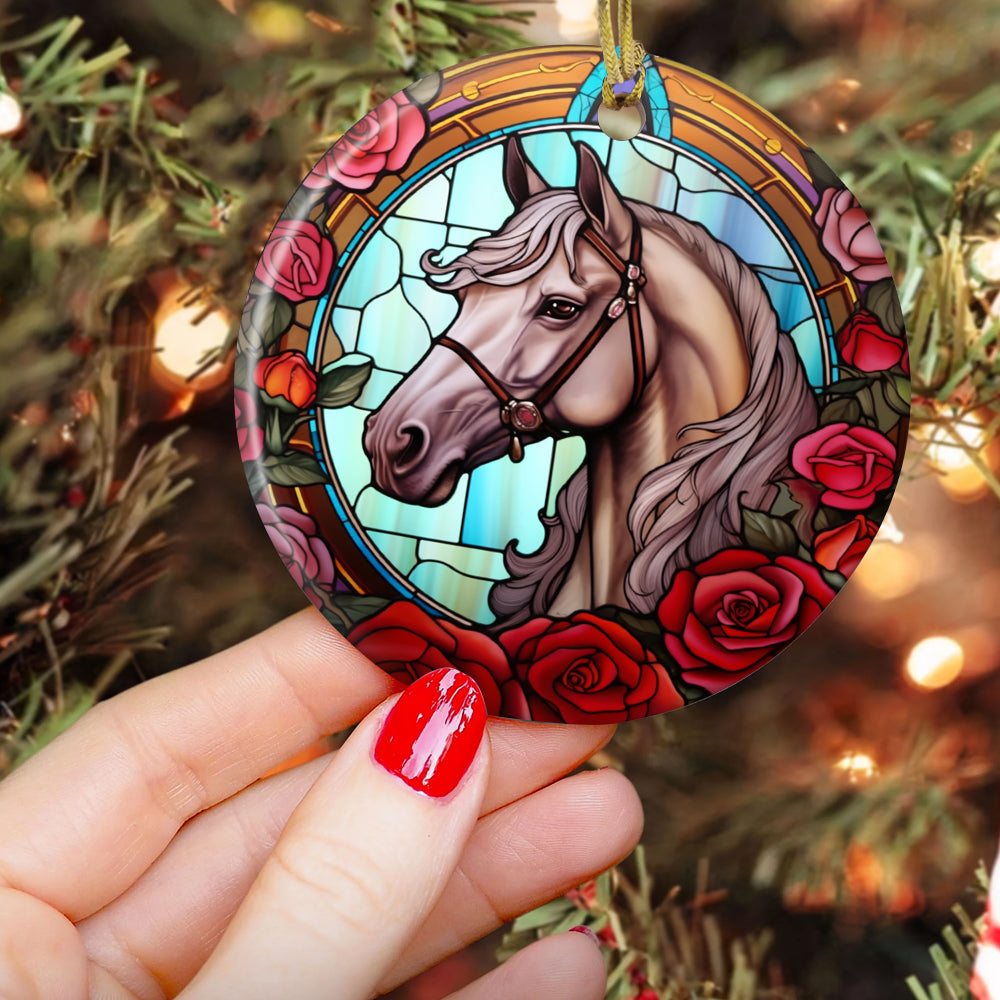 Majestic Horse Amidst Roses, Horse Circle Ceramic Ornament Christmas Gift For Horse Lovers