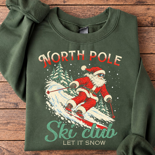Christmas Skiing Santa Sweatshirt, North Pole Ski Club Crewneck Sweatshirt Xmas Gift For Skiing Lover